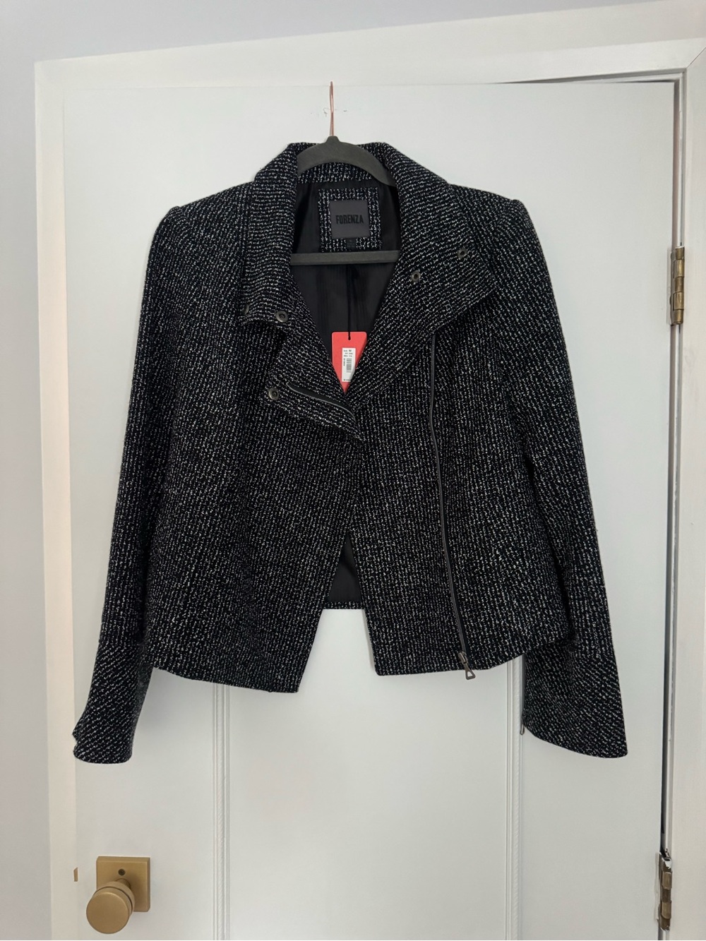 Forenza Black & White Tweed Asymmetric Zip Blazer